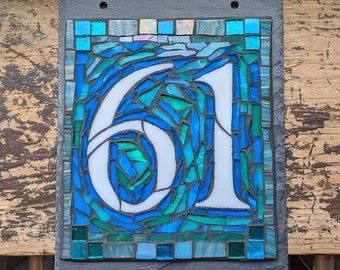 Blue Green Mosaic House Number with 2 Digits on Slate 6x8 inches