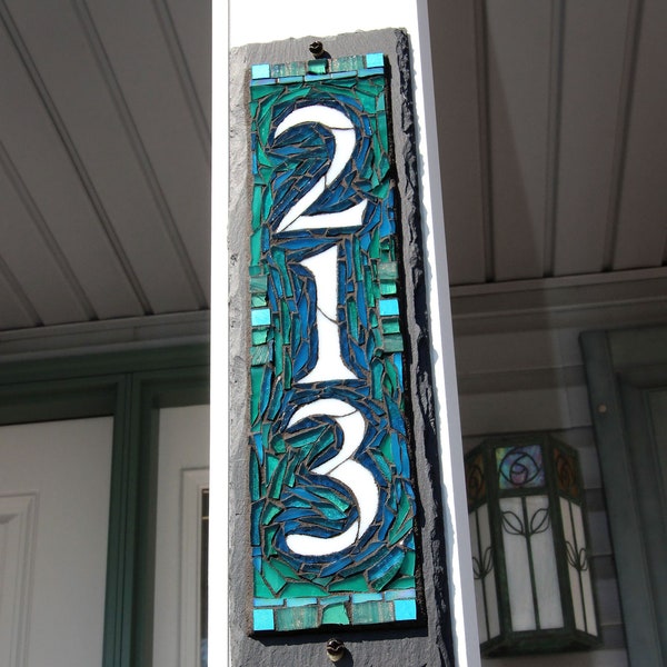 Vertical 3 Digit  Mosaic House Number on Slate 4x15 inches