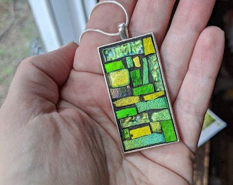 Green and Yellow Mosaic Rectangular Pendant with Silver Bezel