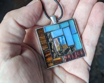 Chocolate and Powder Blue Log Cabin Mosaic Pendant