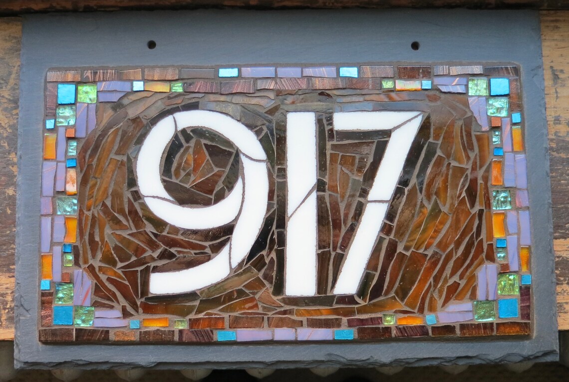 Arts and Crafts Style Mosaic House Number on Slate 3 Digit | Etsy