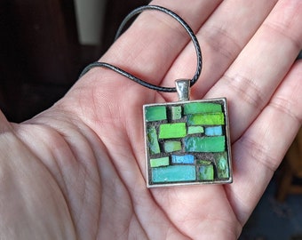 Verdant Green Mosaic Patchwork 1 inch Pendant