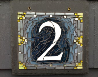 Dark Blue and Gray Mosaic House Number with Yellow Accents