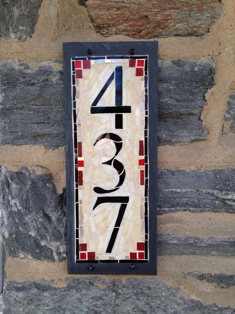 Vertical 3 Digit House Number Mosaic on 6x15 inch slate image 1