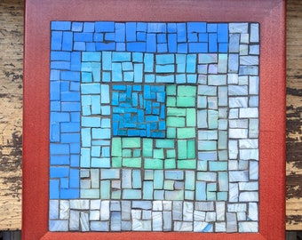 Asymmetric Log Cabin Mosaic in Blue Green Framed