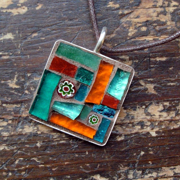 Teal and Orange Mosaic Pendant