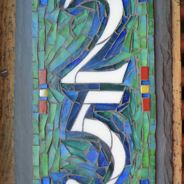 Vertical Mosaic House Number with 2 Digits on Slate 6x12 inches