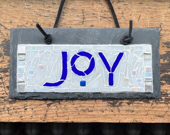 Mosaic Joy Sign in Blue and White Arts and Crafts Style