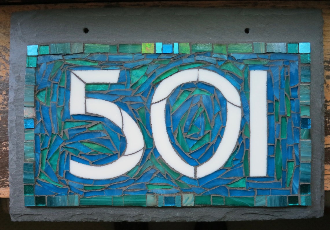 Arts and Crafts Style Mosaic House Number on Slate 3 Digit | Etsy