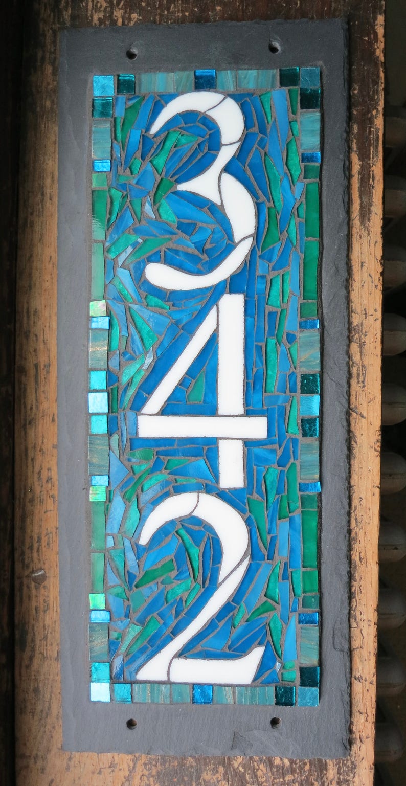 Vertical 3 Digit House Number Mosaic on 6x15 inch slate image 2