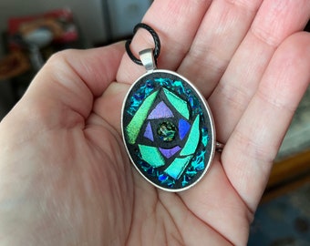 Peacock Colors Mosaic Oval Pendant Blue Violet Teal
