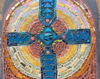 Ringed Aqua Celtic Cross Mosaic on Slate