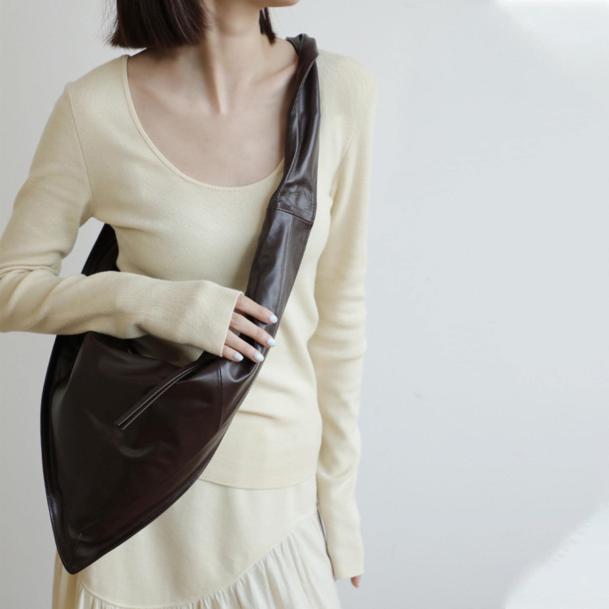 Leather Shoulder Bag, Triangle Scarf Design Crossbody Bag, Unisex Genuine Leather Shoulder Bag