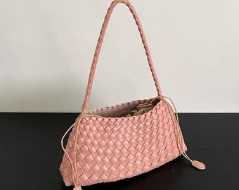 Woven Leather Shoulder Bag, Small Tote Bag, Soft Underarm Bag, Minimalist Shoulder Bag, Summer Beach Bag