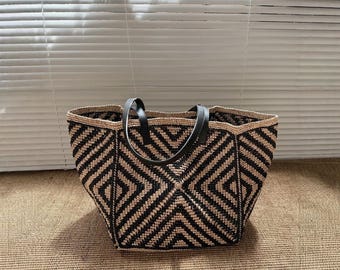 Raffia Woven Tote Bag, Women's Raffia Shoulder Bag, Large Straw & Leather Tote Bag, Slouchy Commuter Bag