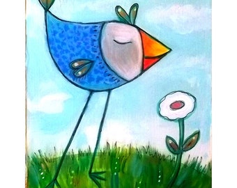 8x10 PRINT Blue Birdie Stop and smell the Roses