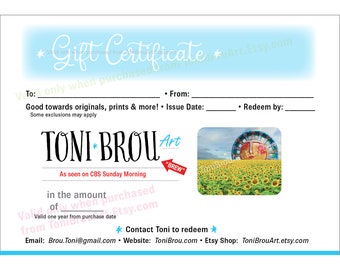 Gift Certificate Toni Brou art CBS Sunday Morning sun artist colorful funky art lover unique gift small local, art collector, home decor