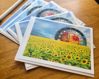 NOTECARDS, set of 6, CBS Sunday Morning sun rising over sunflower field blank inside