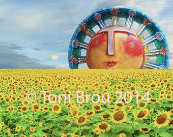 8x10 PRINT Smiling sun rising over sunflower field, shown on CBS Sunday Morning Toni Brou