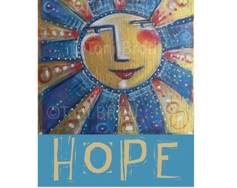 8x10 PRINT, HOPE smiling sun print blue gold CBS Sunday Morning Artist Toni Brou