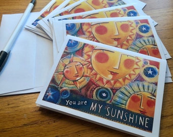 TARJETAS DE NOTAS, juego de 6, You Are My Sunshine en blanco dentro del artista de CBS Sunday Morning, en blanco por dentro