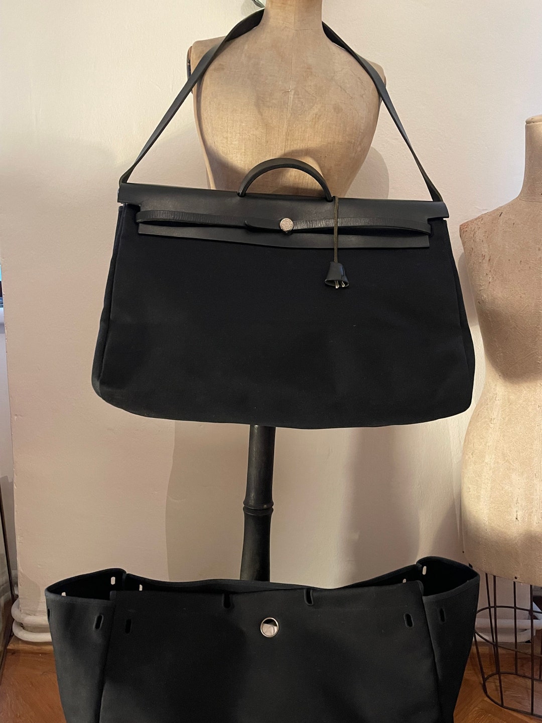 Hermes Black Herbag 2 in 1 Canvas toile Travel Size. XL Size 50cm Etsy UK
