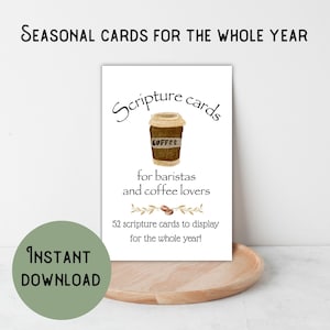 Könnte beinhalten: Eine weiße Karte mit dem Text "Scripture cards" und einer Kaffeetassen-Illustration. Die Karte lautet "for baristas and coffee lovers" und "52 scripture cards to display for the whole year!". Ein grüner Kreis sagt "INSTANT DOWNLOAD".