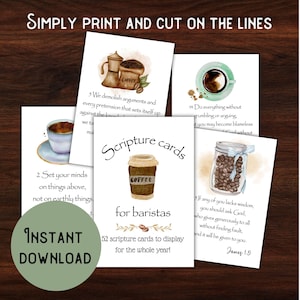 Könnte beinhalten: Eine Sammlung von Kaffeekarten mit Bibelversen für Baristas. Die Karten zeigen Aquarellillustrationen von Kaffeetassen, Bohnen und Brühgeräten. Der Text enthält Bibelverse und den Satz "Scripture cards for baristas". Auch der Text "Instant Download" ist sichtbar.