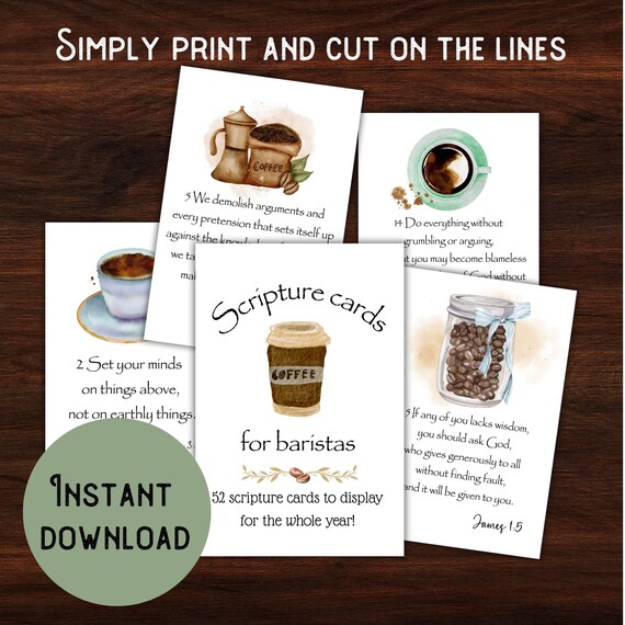 52 NLT Coffee Lover Verse Cards, Barista Year of Scripture Cards,  Memorization Cards, 4X6 Scripture Cards, Digital Bible Verse Cards - Etsy