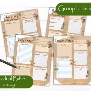 Könnte beinhalten: Eine Sammlung von Bibelarbeitsblättern in Beige und Weiß mit floralen Akzenten und handschriftlichem Text. Die Arbeitsblätter enthalten Abschnitte für Wahrheitsaussagen, tägliche Gebete, Charakterstudien und Predigtnotizen. Die Texte "Group bible study" und "Individual Bible study" sind ebenfalls sichtbar.