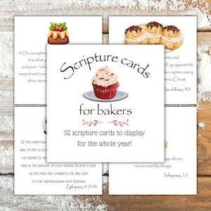May include: A collection of scripture cards for bakers, with a red velvet cupcake illustration. The cards are designed to display scripture verses throughout the year. The text on the card reads "Scripture cards for bakers" and "52 scripture cards to display for the whole year!"