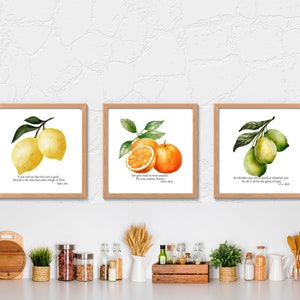 May include: Three framed watercolour prints depicting lemons, oranges, and pears. Each print has a wooden frame and a Bible verse. The artwork has a white background and a kitchen setting.