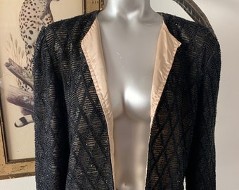 Elegant Black Beaded Black Tie Oleg Cassini Evening Jacket