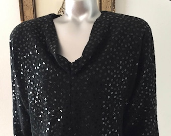 Vintage Black Lambs Wool and Angora V Neck Sweater with Black Sequins