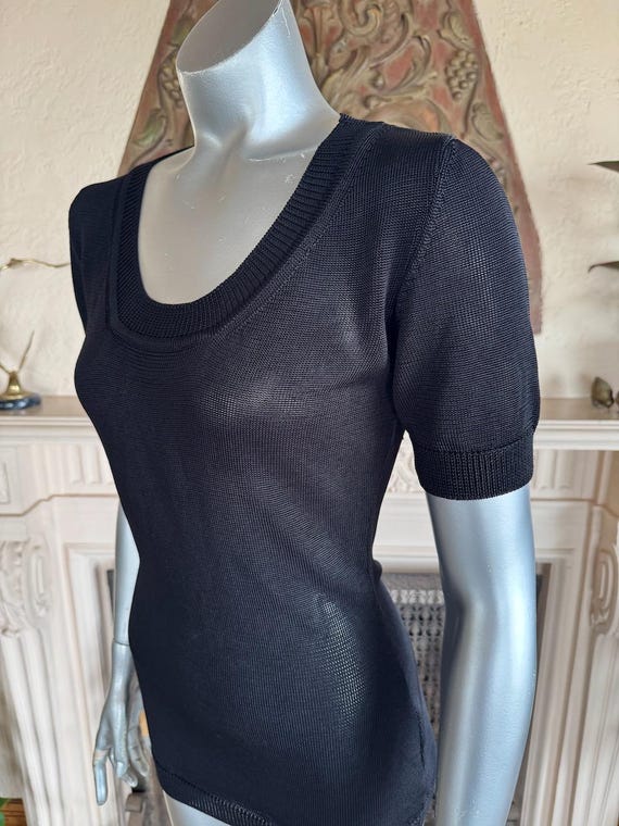 Moschino Couture, Vintage Moschino Couture Black Sheer Knit Top Scoop Neck Short Sleeve Made in Italy
