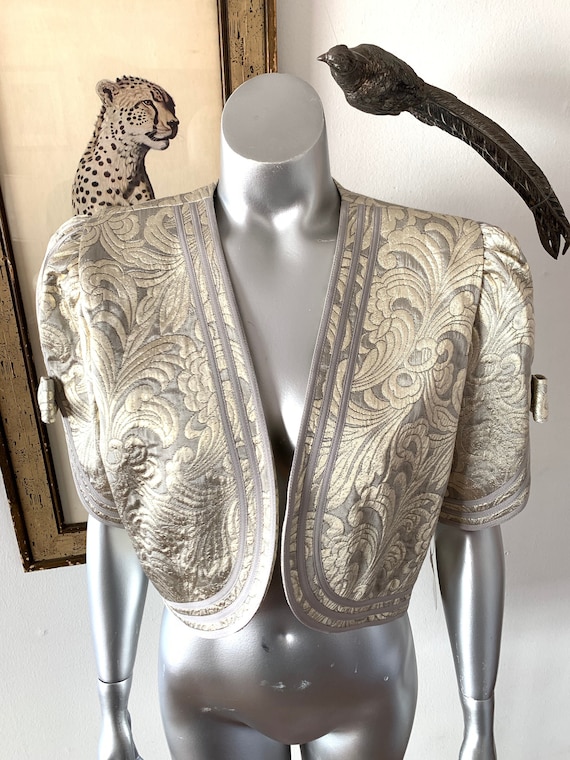 Metallic Brocade Cropped Jacket with Big Bow Sleev