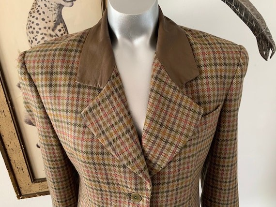 Rainbow Plaid Tweed Blazer with Faux Leather Colla