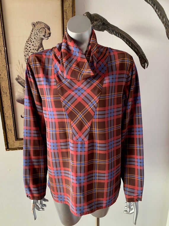 Christian Dior Separates Plaid Cowl Neck Blouse