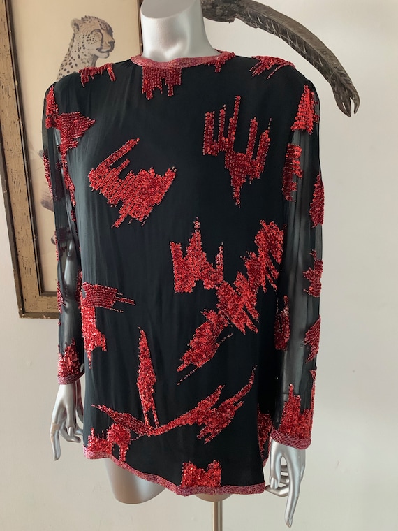 Vintage Red Geometric Beaded Silk Top - image 2