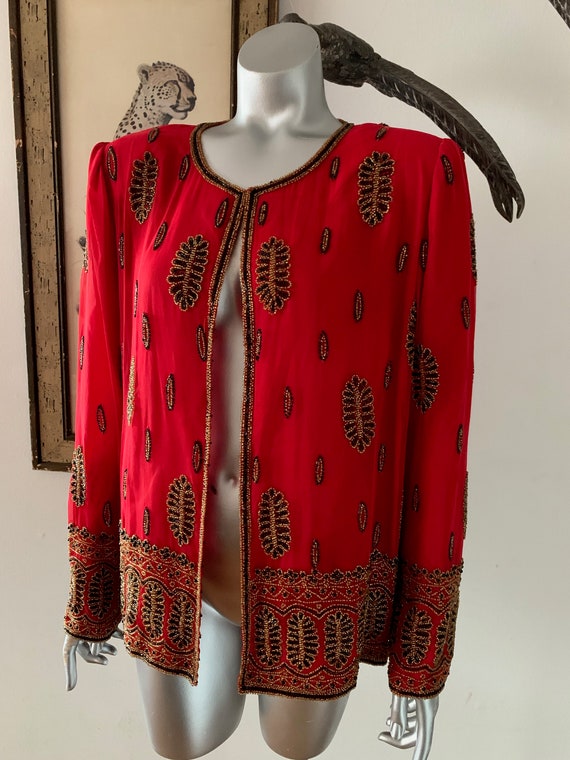 Intricately Beaded Vintage Red Silk Jacket J Kara