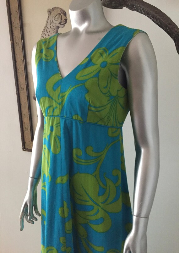 70s Tropical Print Maxi Dress in Bright Blue and Green | Etsy