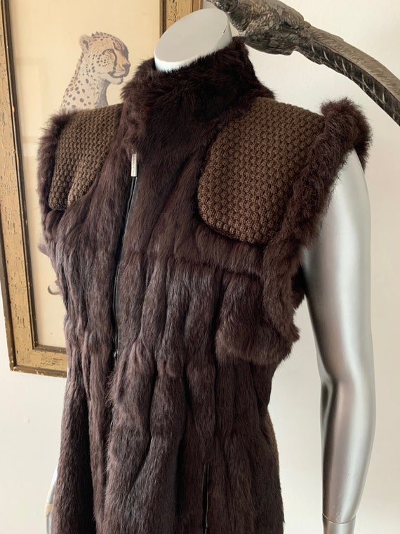 Dark Brown Rabbit Fur and Knit Reversible Vest by 