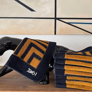 Vintage YSL Wash Towels Black and Gold Mod with Fringe by Fieldcrest