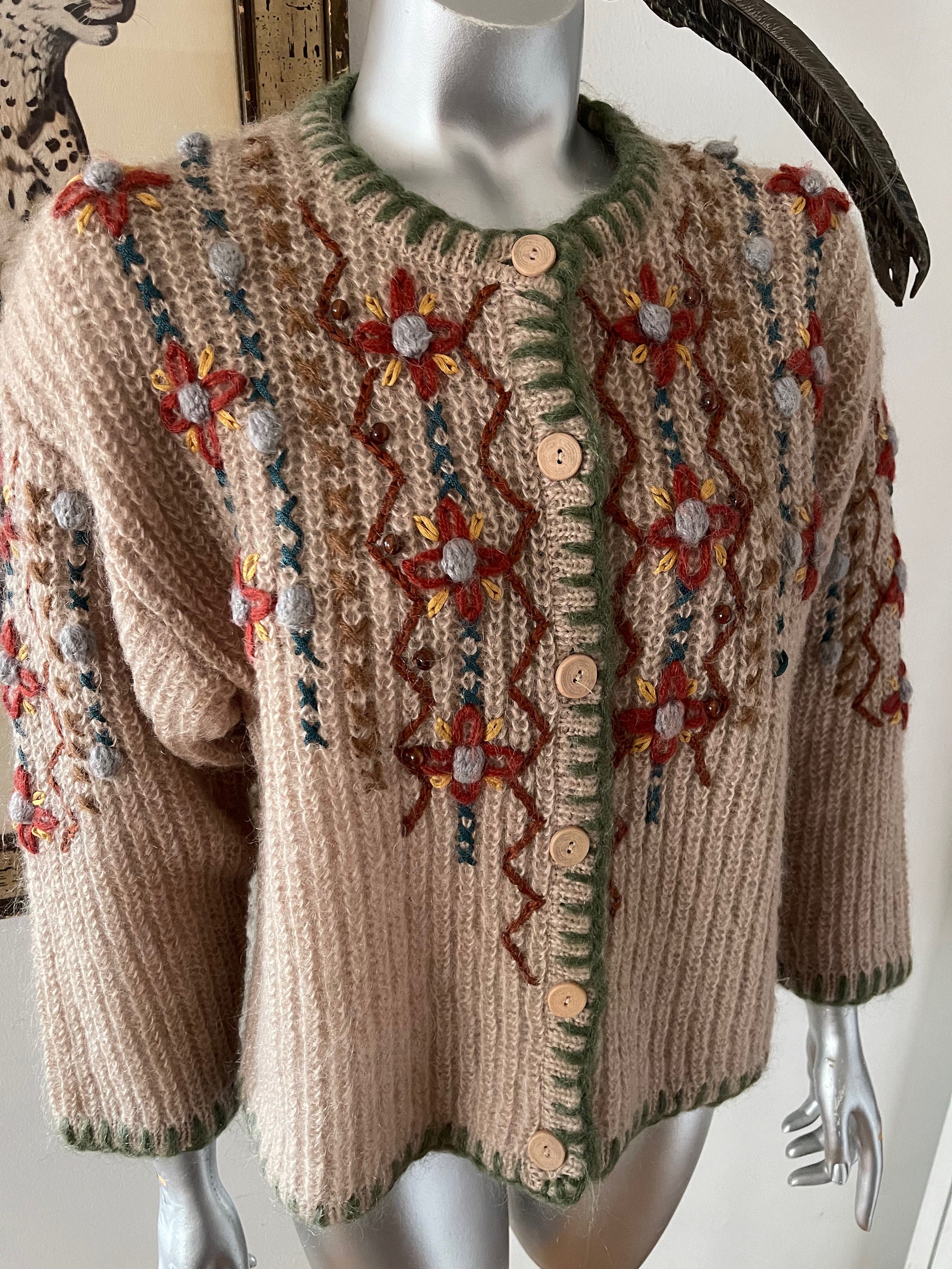 Floral Embroidered Knit Cardigan With Zig Zag and X Design