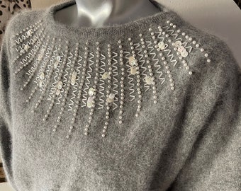 Lambswool and Angora Batwing Sweater with Beads and Pearls