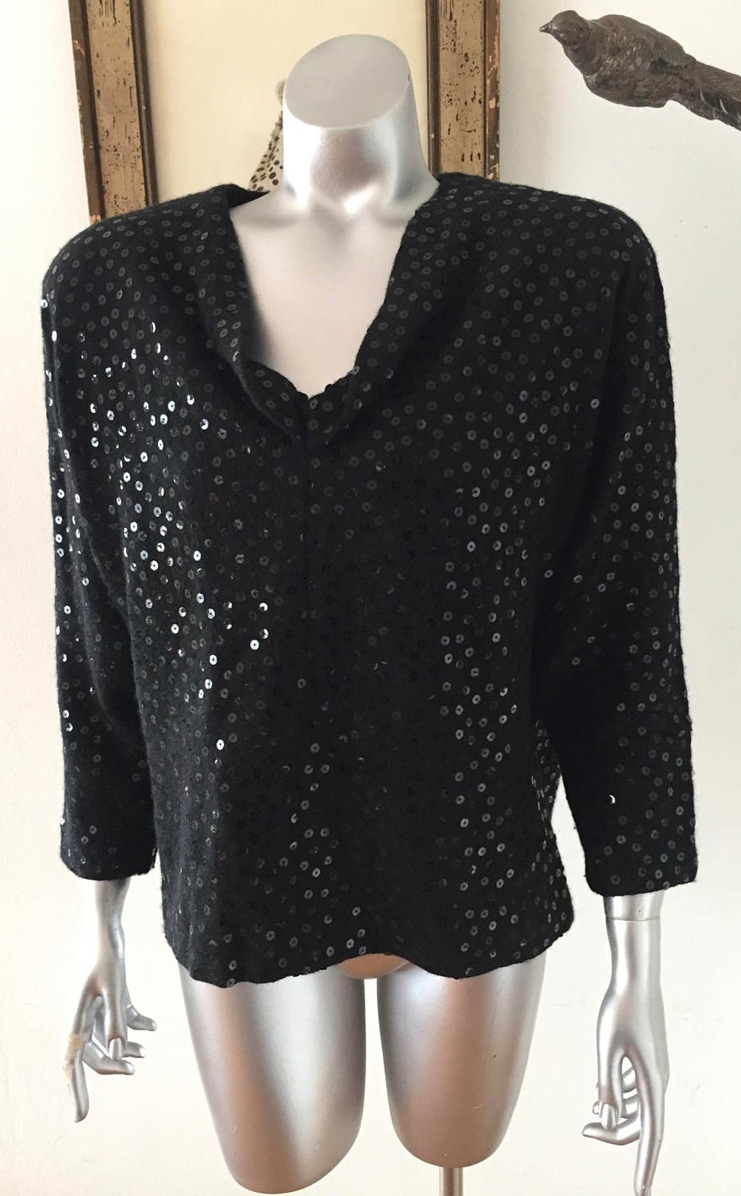 Vintage Black Lambs Wool and Angora V Neck Sweater With Black Sequins ...