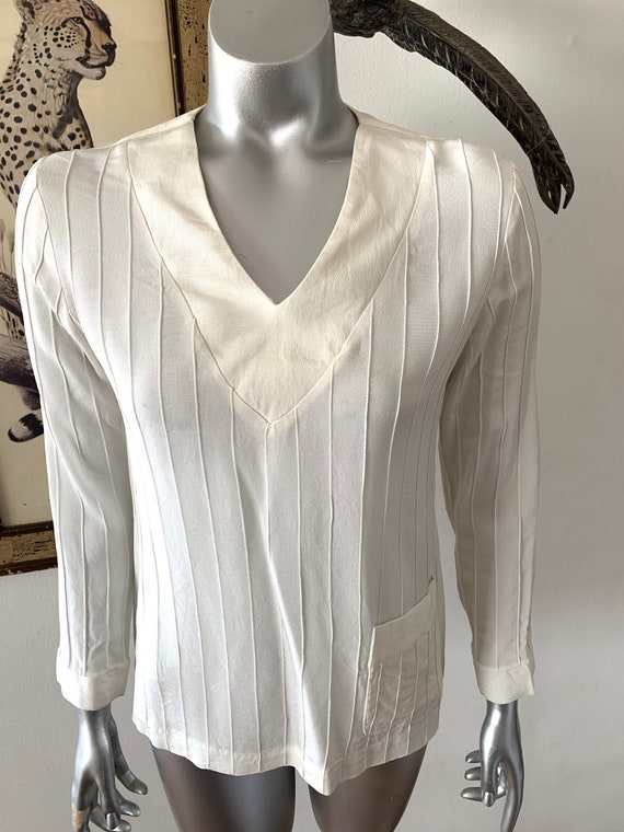 Vintage White V Neck Vertical Stripe Top