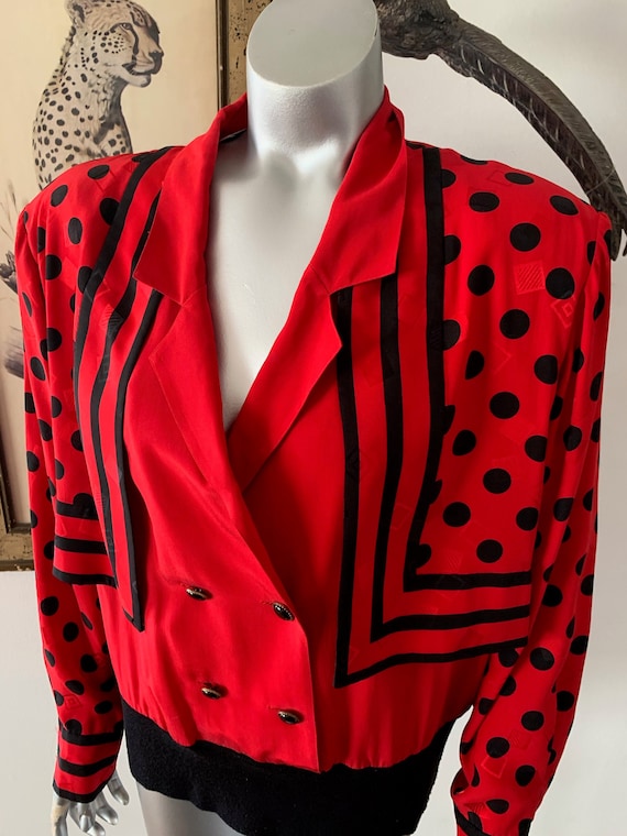 Early 90s Statement Silk Blouse Bright Red Polka D