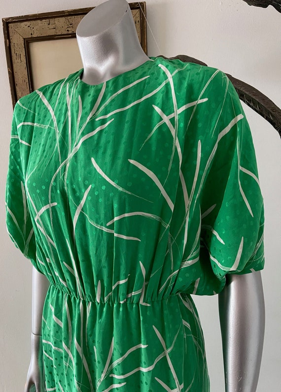 Vintage Green and White Print Flowy Silk Dress by 
