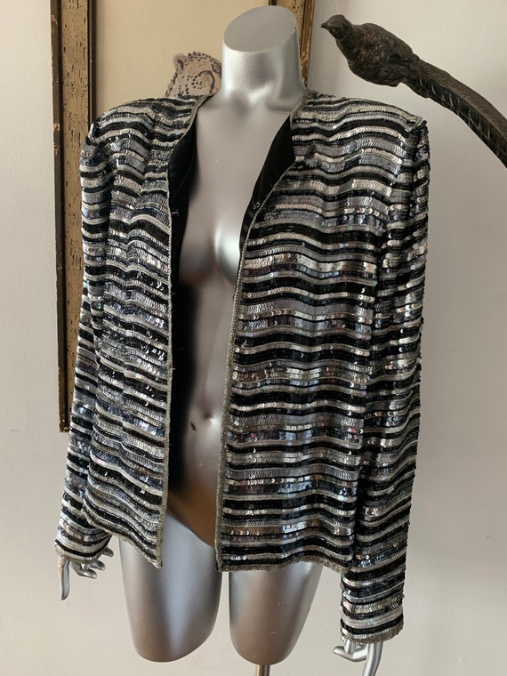 Trophy Sequin Jacket- Black and Silver Stripe by S